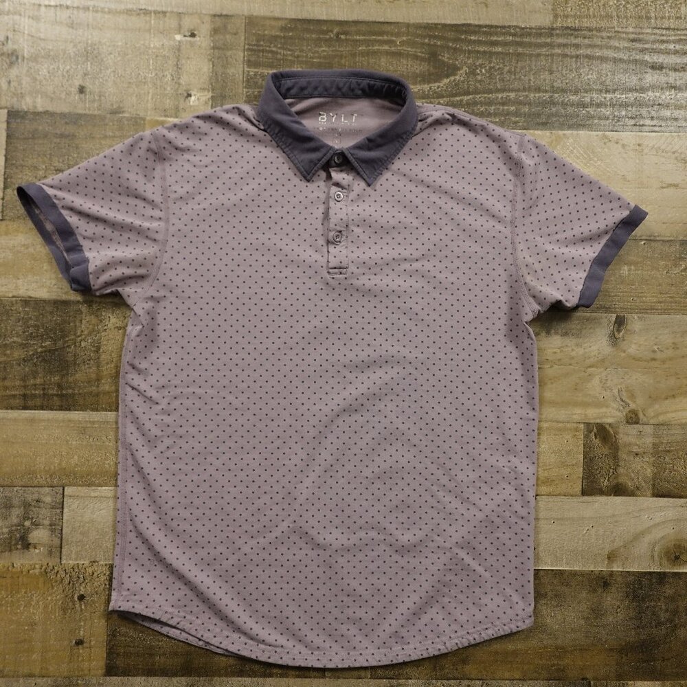 BYLT Drop-Cut Polo Shirt Men’s Large Mauve Gray Polka Dot Stretch‎